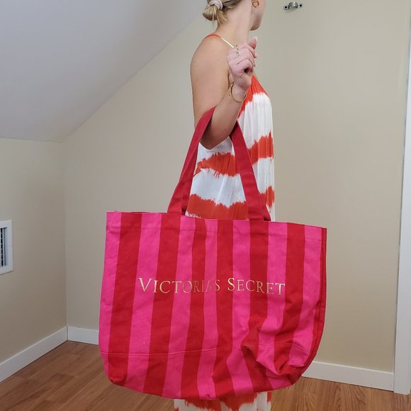 Victoria's Secret Other - Victoria's Secret Weekender Tote Pink/ Red Striped Canvas Travel Bag XL 16"x20"